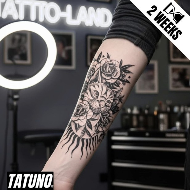 Tatuaż jagua półtrwały kot kwiaty