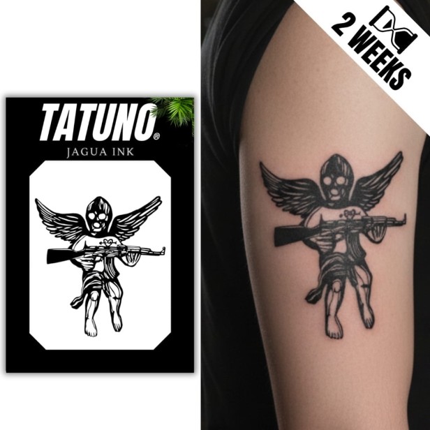 Tatuaż jagua półtrwały święty z karabinem