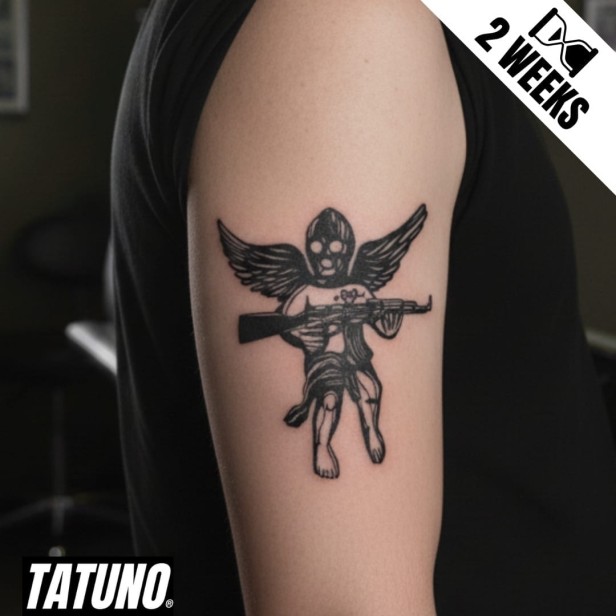 Tatuaż jagua półtrwały święty z karabinem