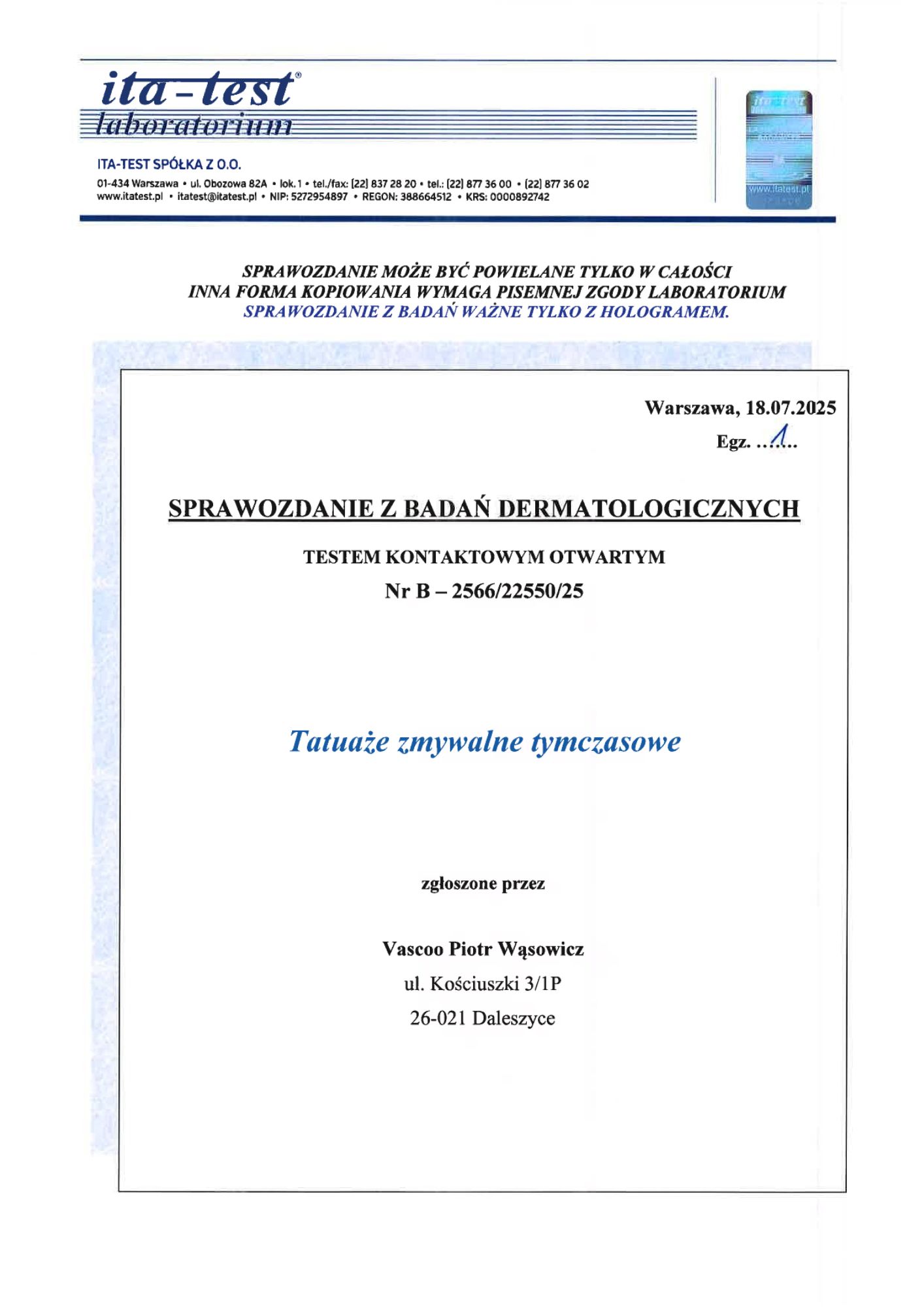 Dermatologische Tests — erste Seite