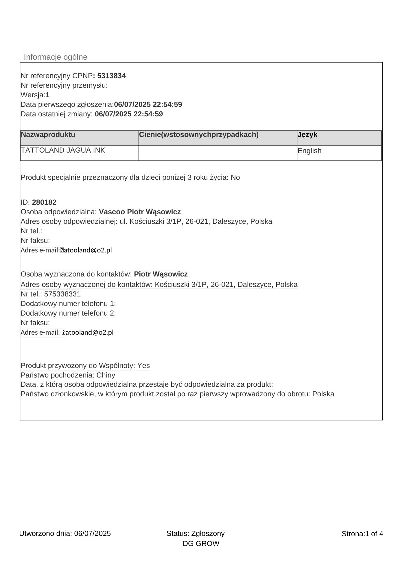 Jagua — CPNP-Eintrag, erste Seite