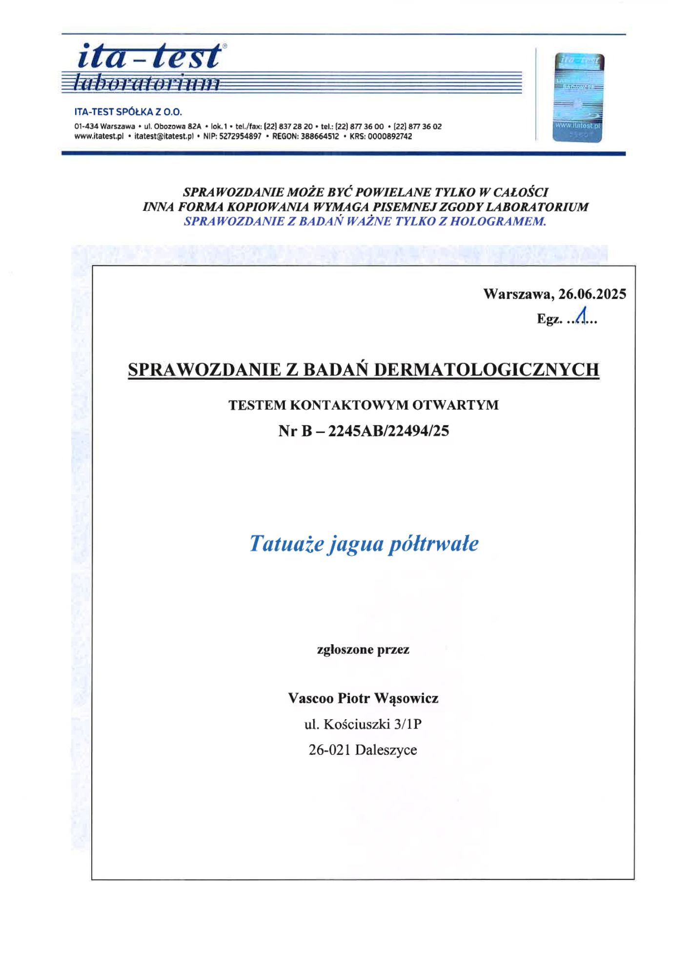 Jagua — dermatologische Tests, erste Seite
