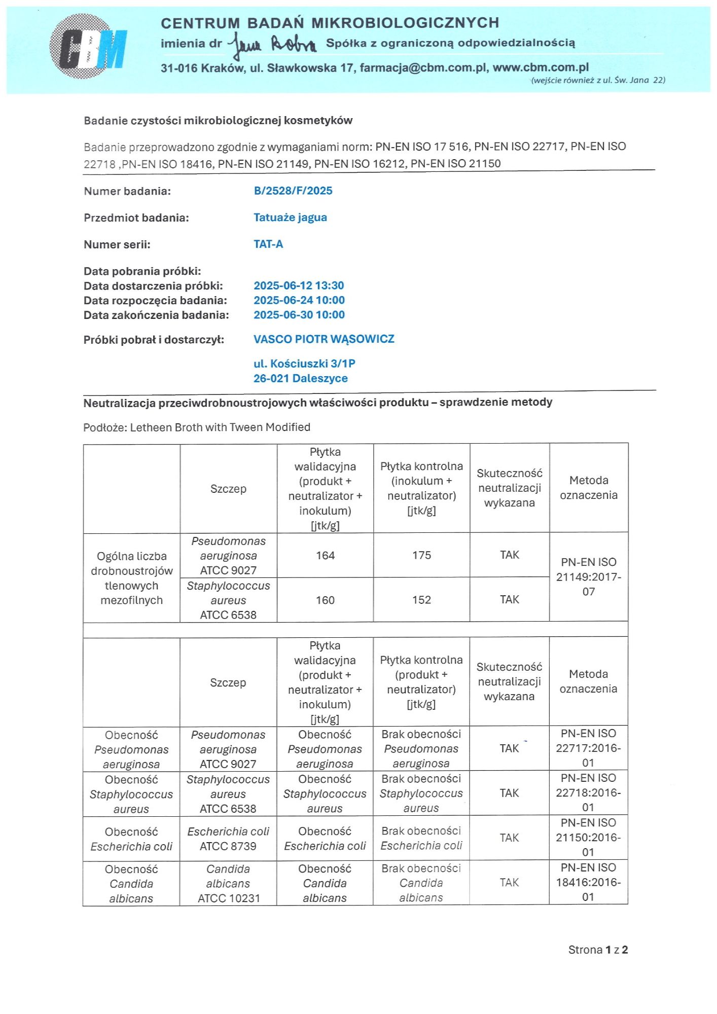 Jagua — mikrobiologische Tests, erste Seite